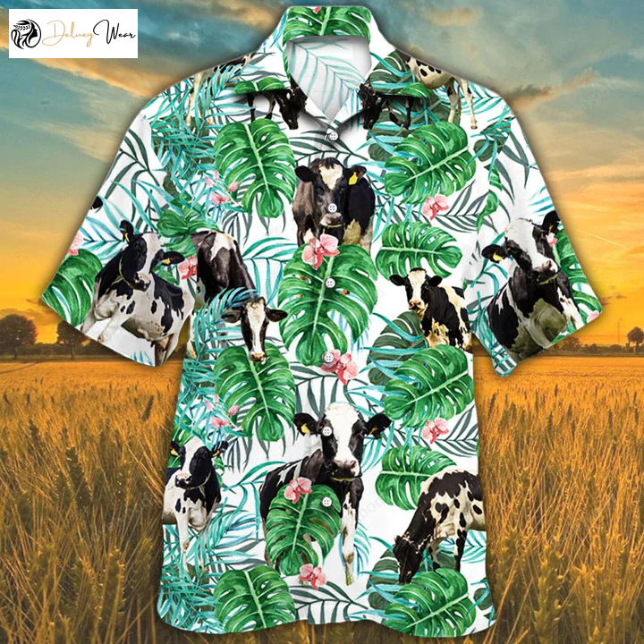 Cow Hawaiian Shirts for Men & Women: Holstein Friesian Cattle Lovers Tropical Plant Shirt