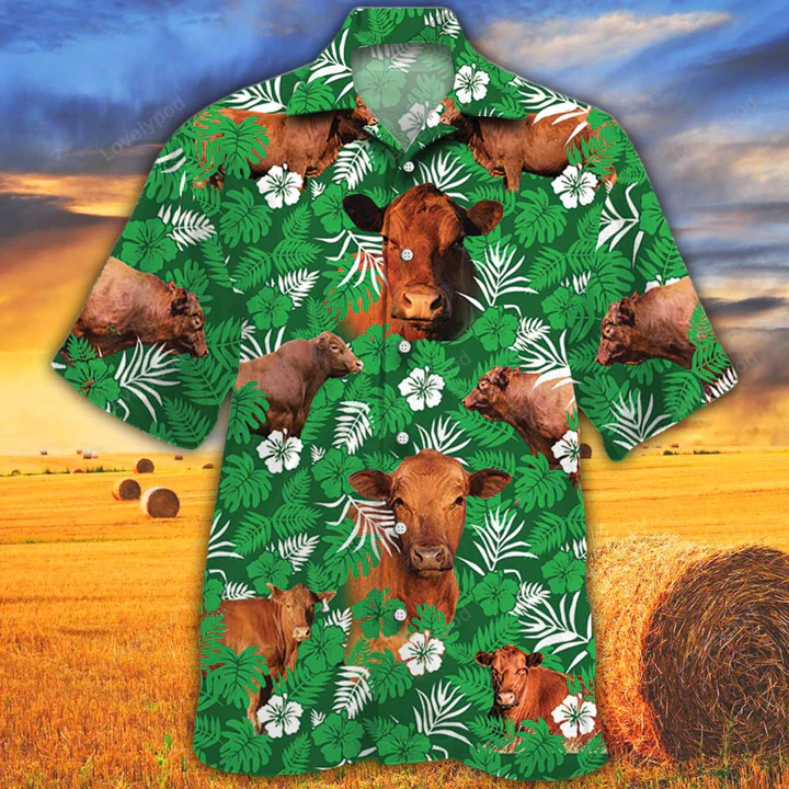 Cow Hawaiian Shirts for Men & Women – Vintage Farm & Red Angus Cattle Lovers Green Floral Shirt