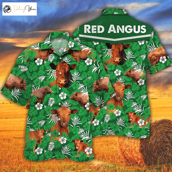 Cow Hawaiian Shirts for Men & Women – Vintage Farm & Red Angus Cattle Lovers Green Floral Shirt