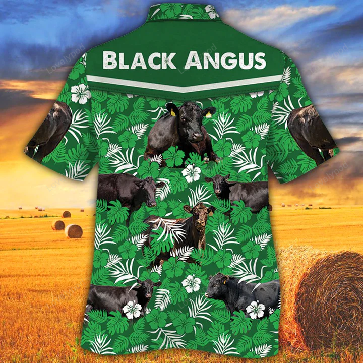 Cow Lover Hawaiian Shirts – Black Angus Cattle Lovers Green Floral Pattern Shirt
