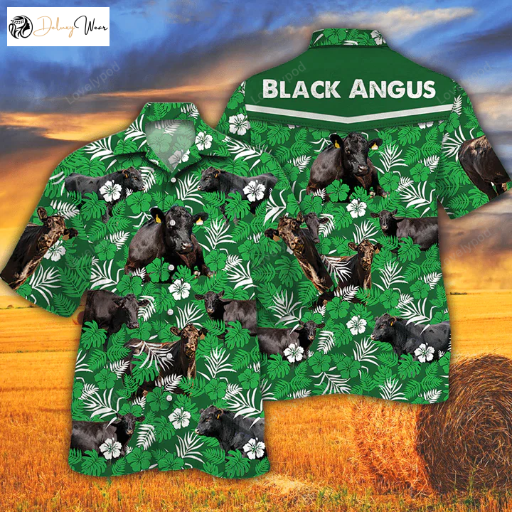 Cow Lover Hawaiian Shirts – Black Angus Cattle Lovers Green Floral Pattern Shirt