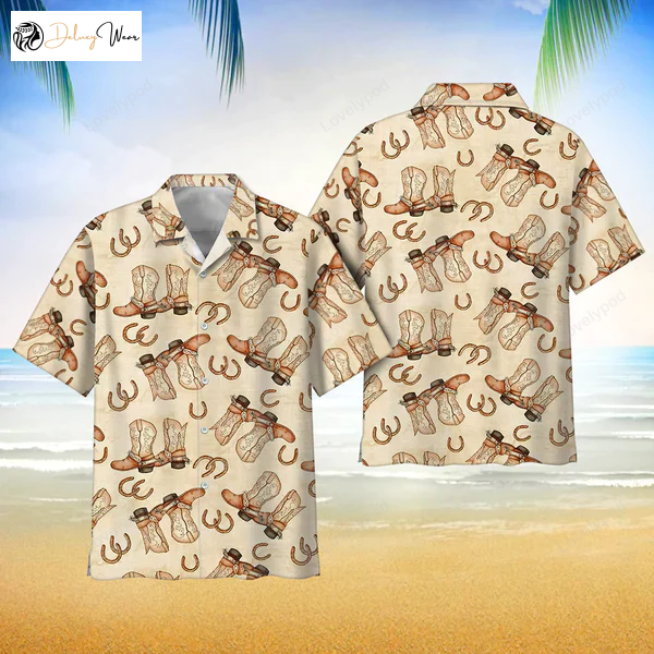 Vintage Cowboy Boots and Horseshoes Hawaiian Shirt – Button Down Short Sleeves