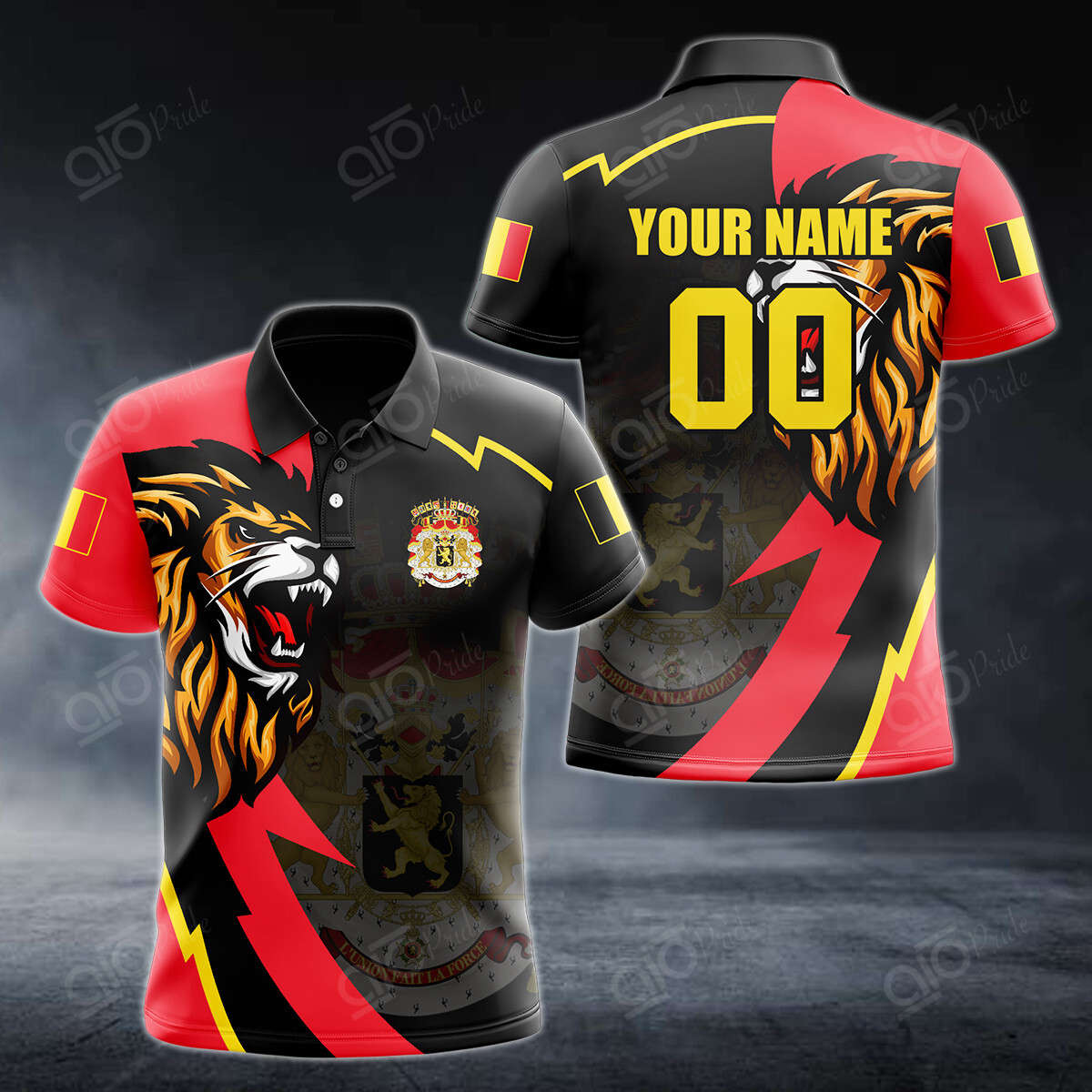 Custom Name Belgium Lion Lightning 3D Polo Shirt For Men Sport Gift For Men Sport Gift