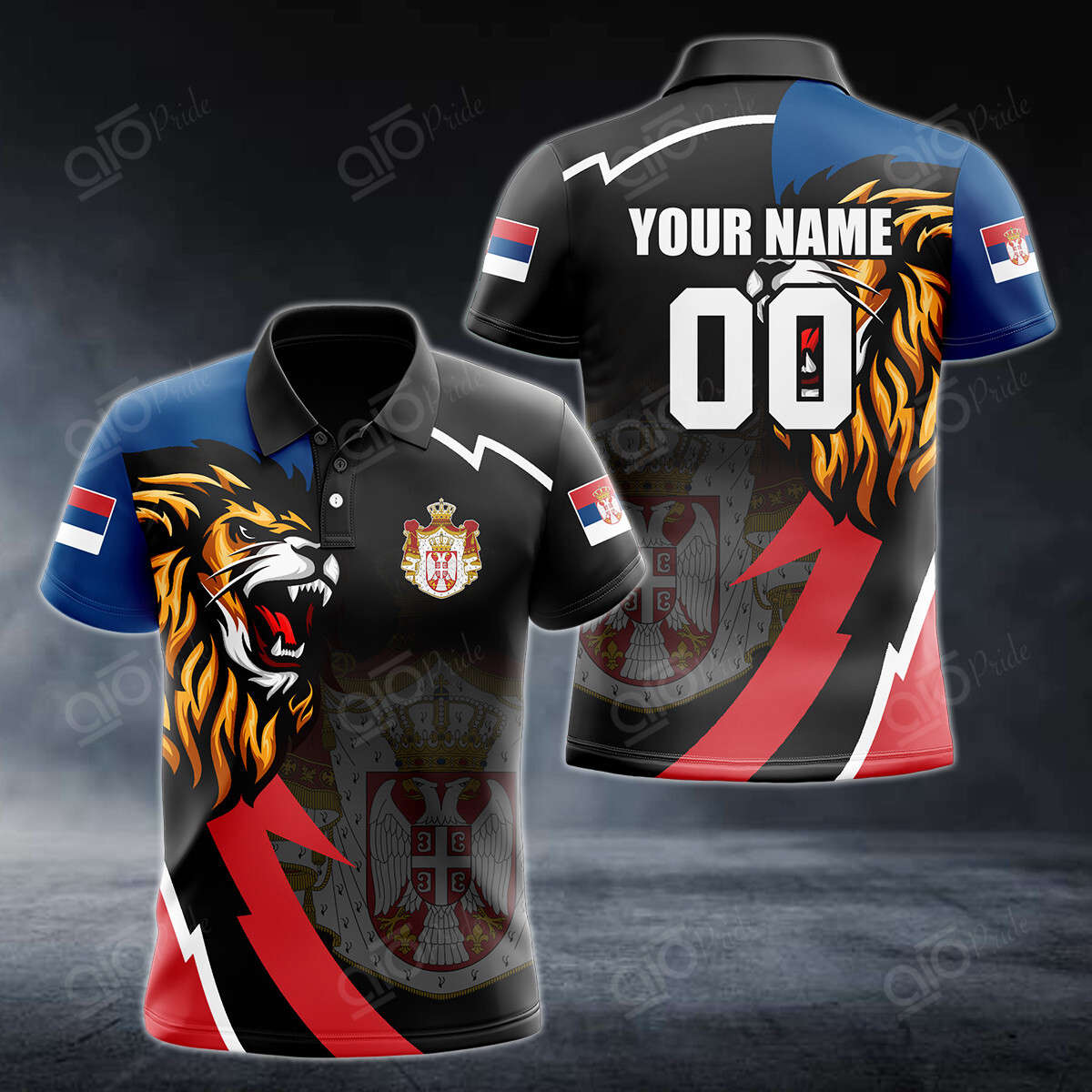 Custom Name Serbia Lion Lightning 3D Polo Shirt For Men Sport Gift For Men Sport Gift