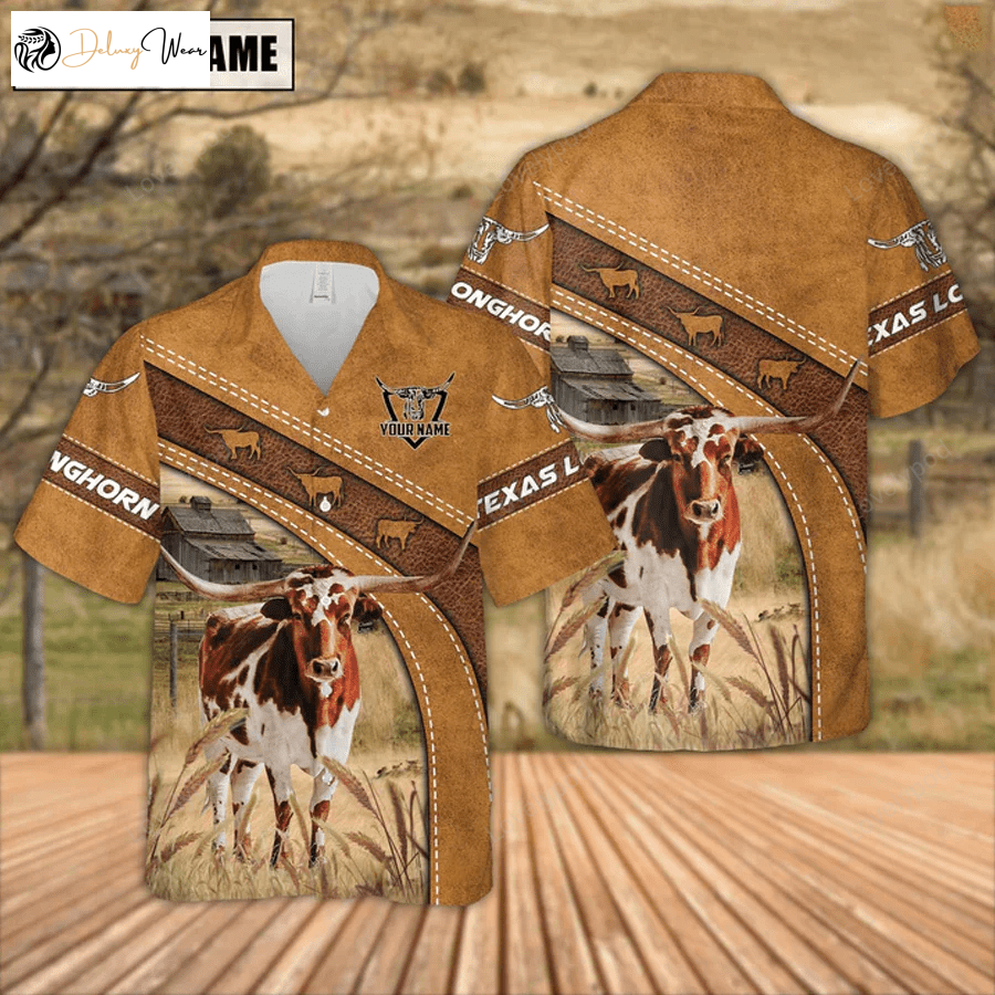 Custom Name Texas Longhorn Leather Pattern Hawaiian Shirt – Summer Gift for Men & Women