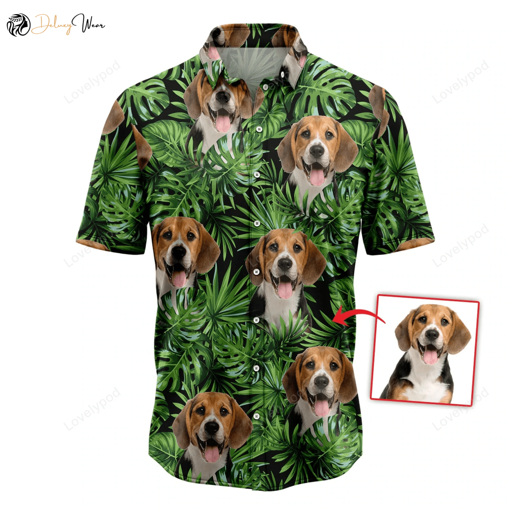 Custom Photo Dog Hawaiian Shirt: Green Tropical Leaves Aloha Beach Shirt for Men & Women – Summer Hawaiian Shirts