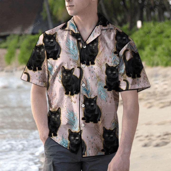 Cute Baby Black Cat Boho Feather Hawaiian Shirt – Trendy Pattern for a Stylish Look!