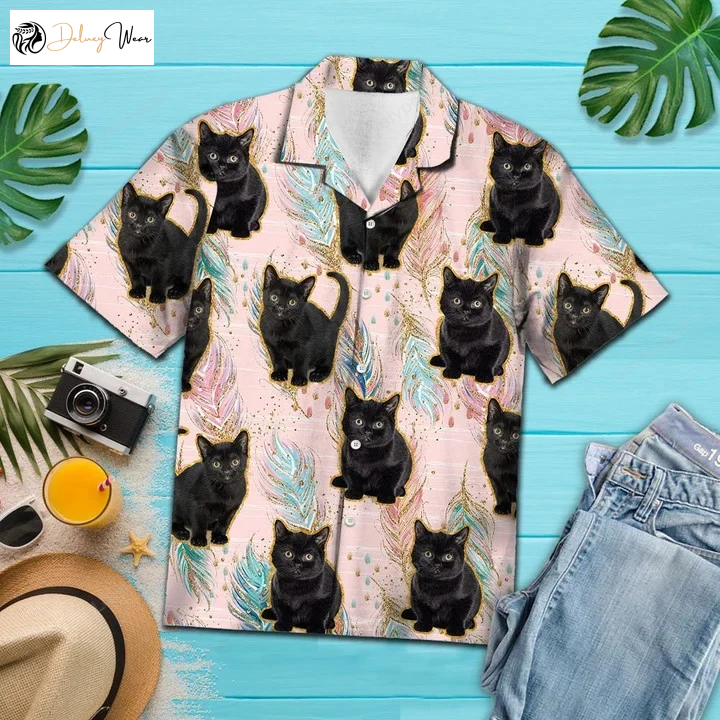 Cute Baby Black Cat Boho Feather Hawaiian Shirt – Trendy Pattern for a Stylish Look!