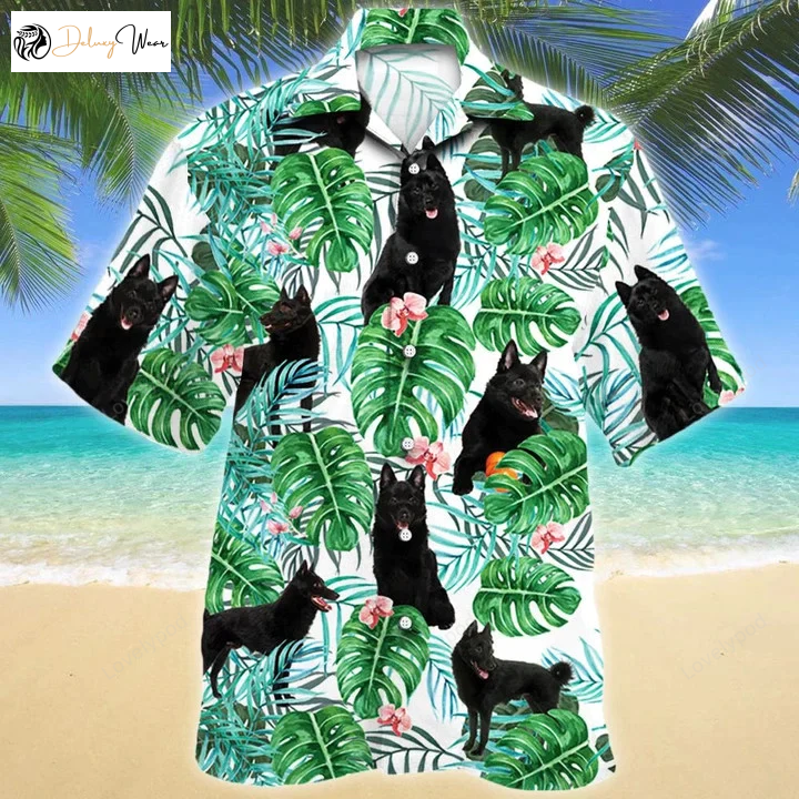 Cute Black Schipperke Dog Hawaiian Shirt: Tropical Plant Aloha Summer Shirt for Men & Women