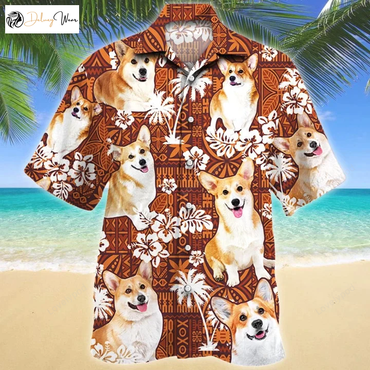 Cute Welsh Corgi Dog Lovers Hawaiian Shirt: Red Tribal Pattern Perfect for Dog Enthusiasts!