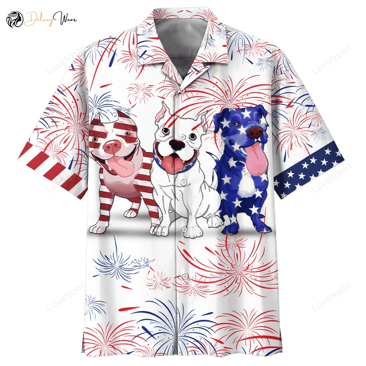 Cute Pitbull Pattern Red & Blue Firework Hawaiian Shirt – Stylish and Fun Design