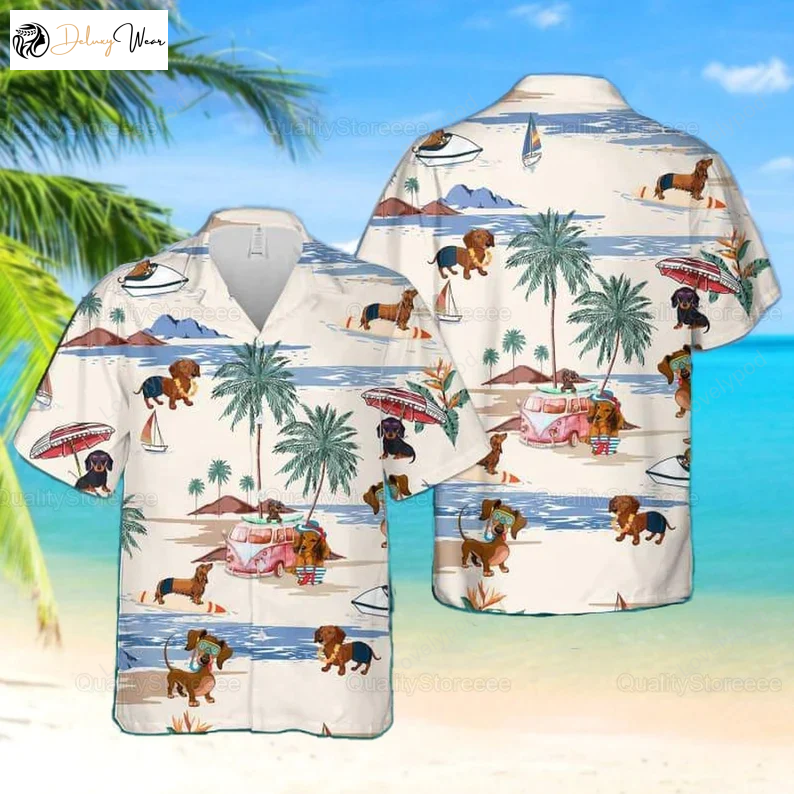 Dachshund Beach Hawaiian Shirt: Stylish Button-Up Summer Shirt for Dachshund Lovers