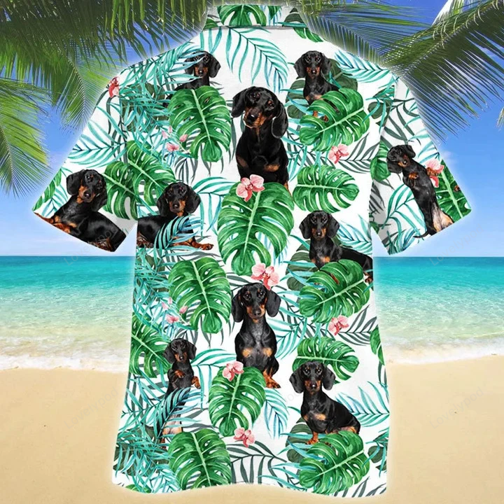 Dachshund Dog Tropical Hawaiian Shirt – White Theme with Vibrant Plant Print