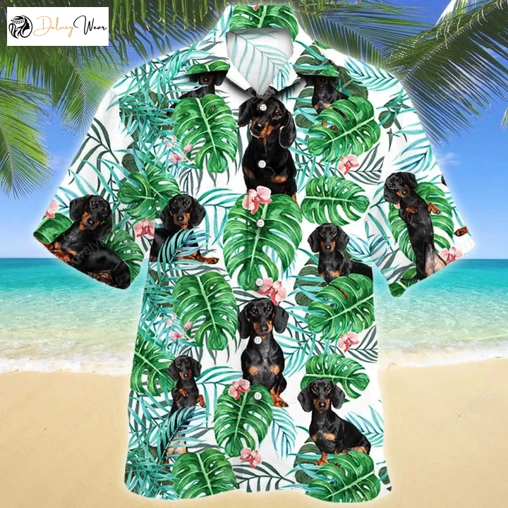 Dachshund Dog Tropical Hawaiian Shirt – White Theme with Vibrant Plant Print