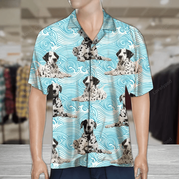 Dalmatian Hawaiian Shirt: Lying Down on Blue Waves Pattern – Stylish & Trendy