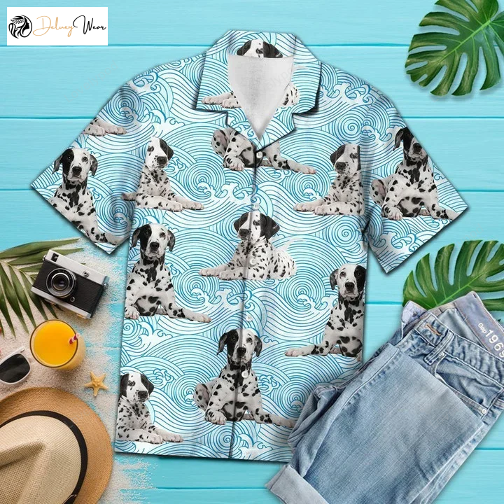 Dalmatian Hawaiian Shirt: Lying Down on Blue Waves Pattern - Stylish & Trendy