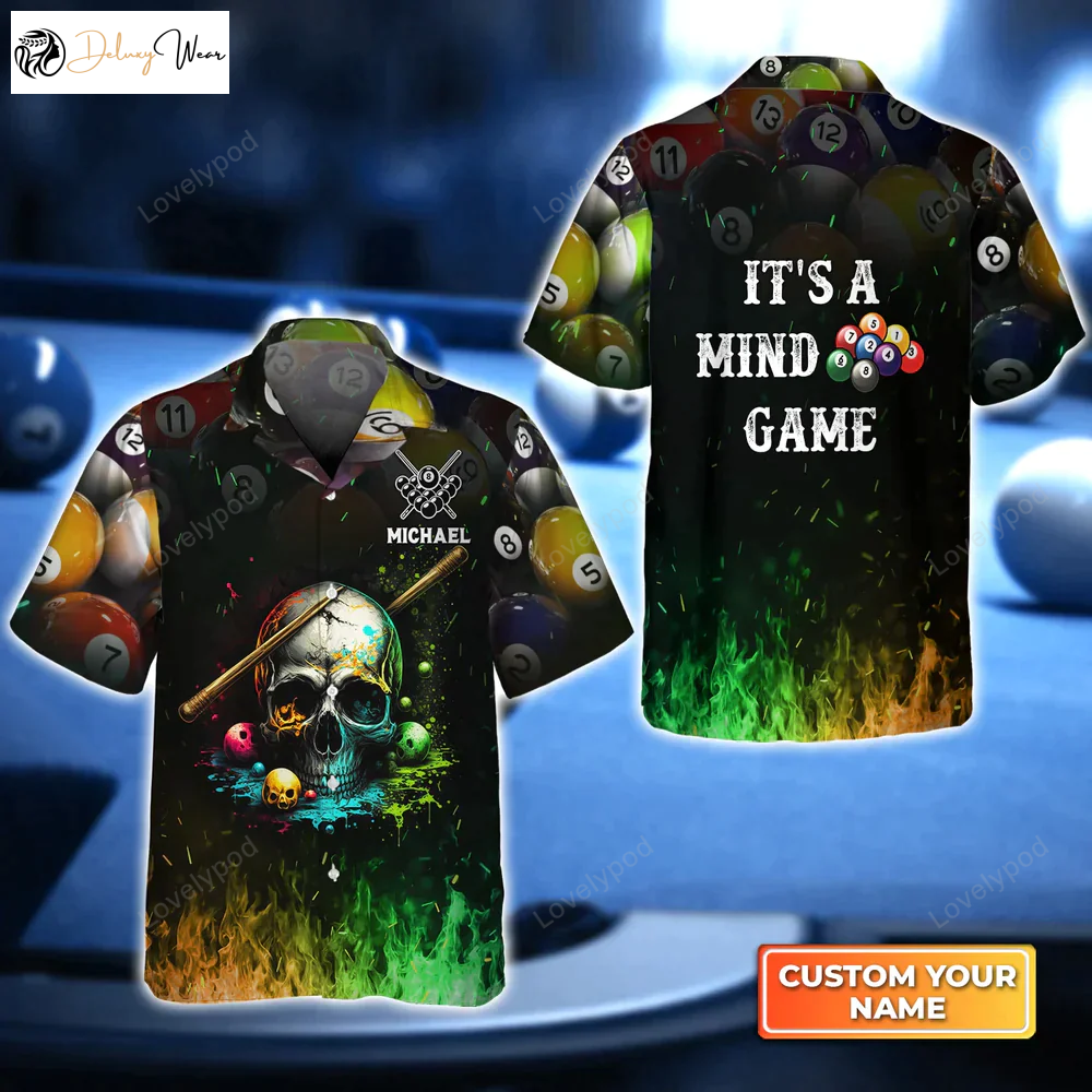 Customizable Dead Stroke Skull Billiard Hawaiian Shirt – Personalized Name On Fire Design