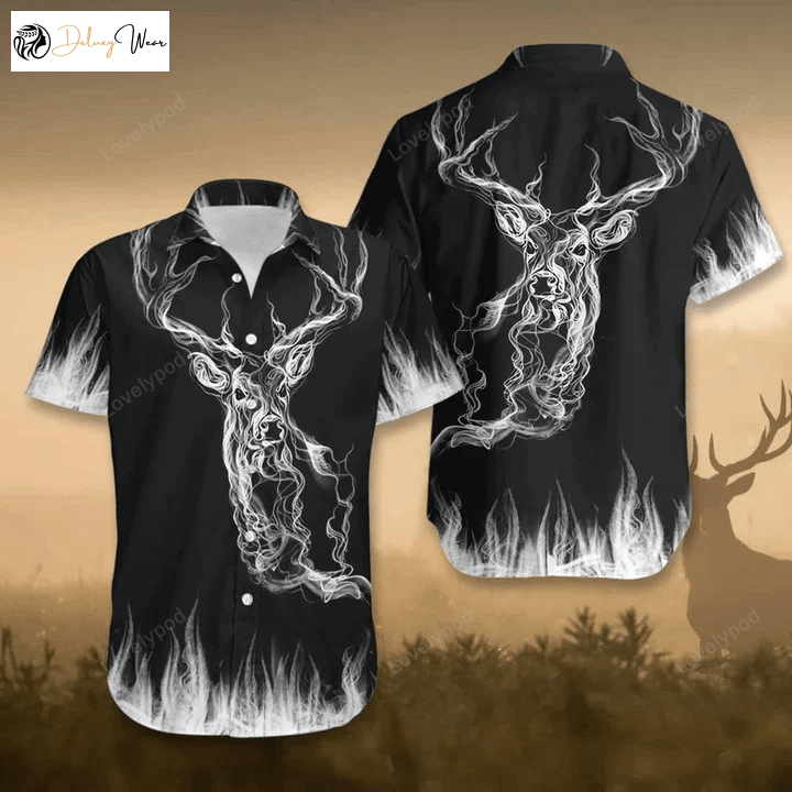 Wilderness Chic: Deer Hunting 3D Hawaiian Shirt – White Smoke Design