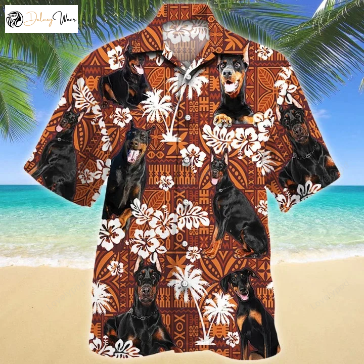 Doberman Pinscher Cute Face Hawaiian Shirt – Men s & Women s Aloha Red Tribal Short Sleeve