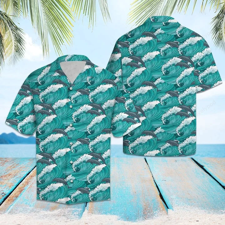 Vibrant Dolphin Jumping Hawaiian Shirt Huge Wave Pattern Beach Inspired Design
