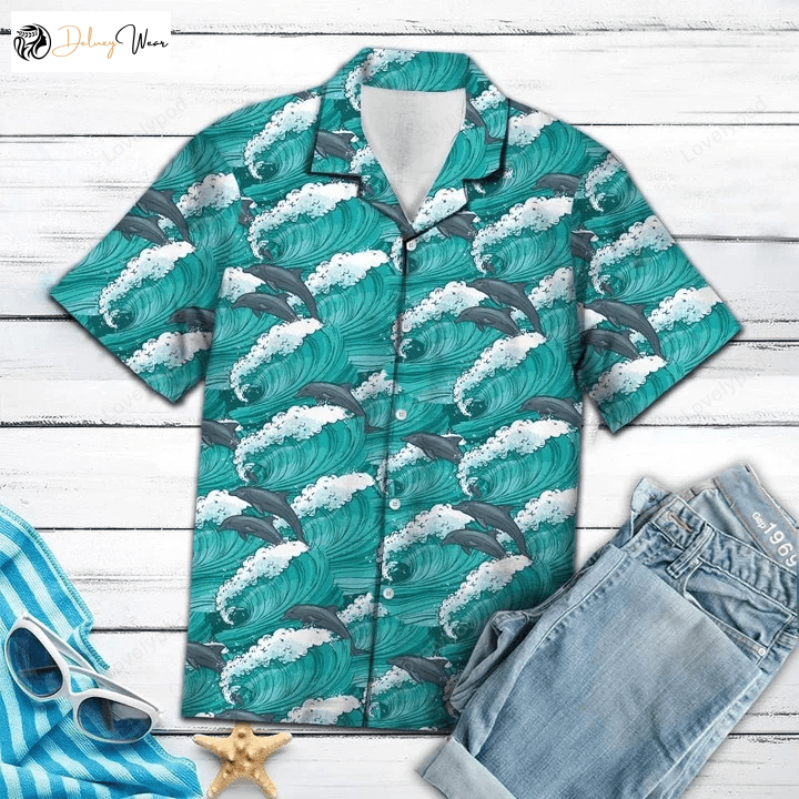 Vibrant Dolphin Jumping Hawaiian Shirt Huge Wave Pattern Beach Inspired Design