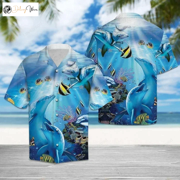 Colorful Fish and Dolphin Watercolor Hawaiian Shirt – Unisex Beachwear