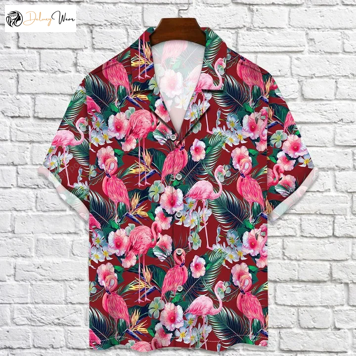 Flamingo Rain Forest Hawaiian Shirt – Red Palm Leaves Jungle Pattern