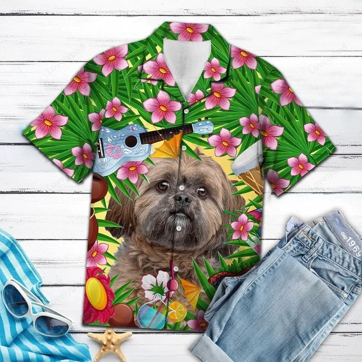 Funny Lhasa Apso Hawaiian Shirt: Guitar Pattern Summer Party Attire