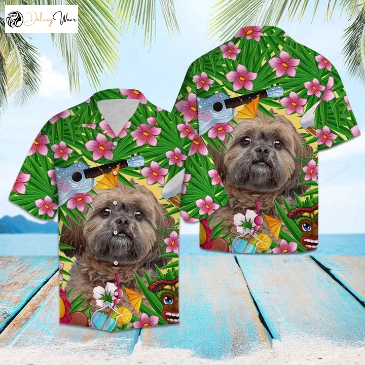 Funny Lhasa Apso Hawaiian Shirt: Guitar Pattern Summer Party Attire