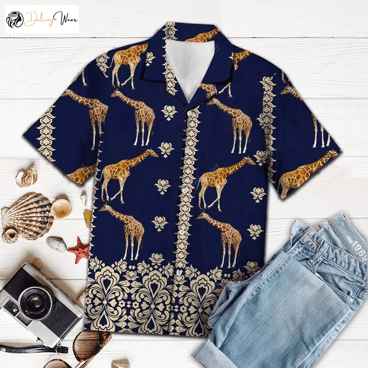 Symbolic Giraffe Hawaii Shirt: Deep Blue Hawaiian Art for Men & Women