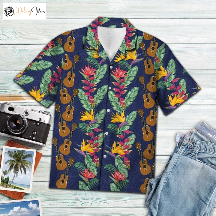 Golden Ukulele Hawaiian Shirt: Paradise Flowers & Leaves Shop Now!