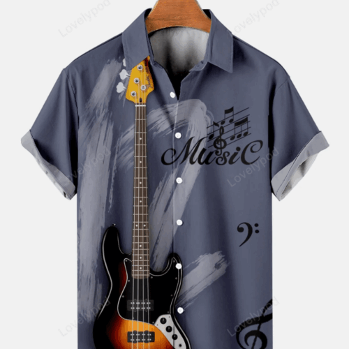 Stylish Men s Plus Size Hawaiian Shirt for Guitar Lovers Loose Fit & Short Sleeves