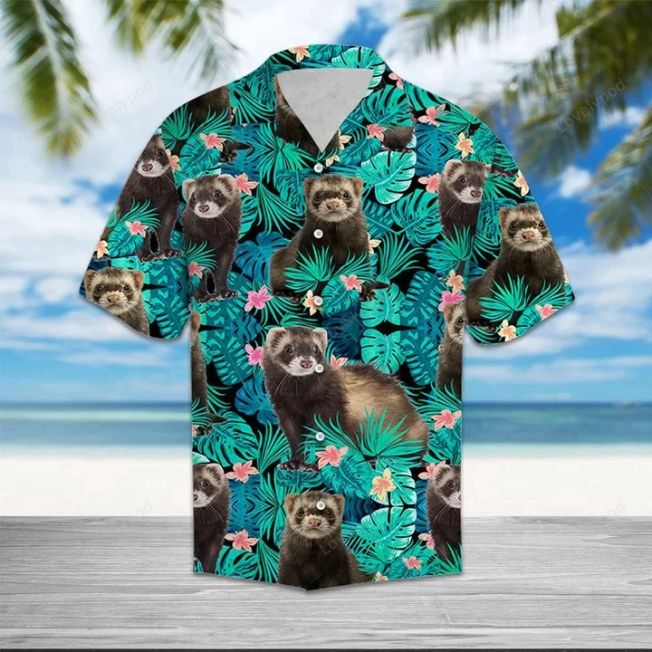 Hawaiian Shirt: Happy Ferret Tropical Palm Leaves Summer Vacation Gift
