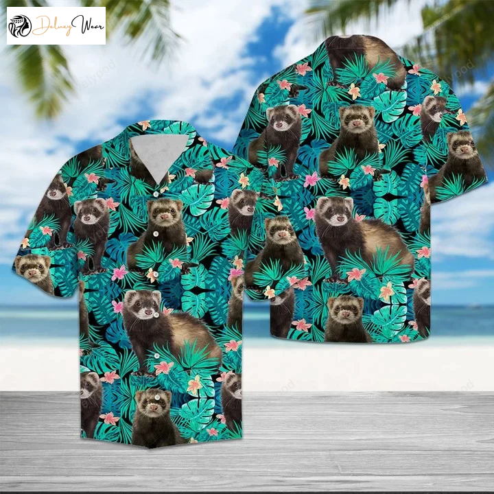 Hawaiian Shirt: Happy Ferret Tropical Palm Leaves Summer Vacation Gift