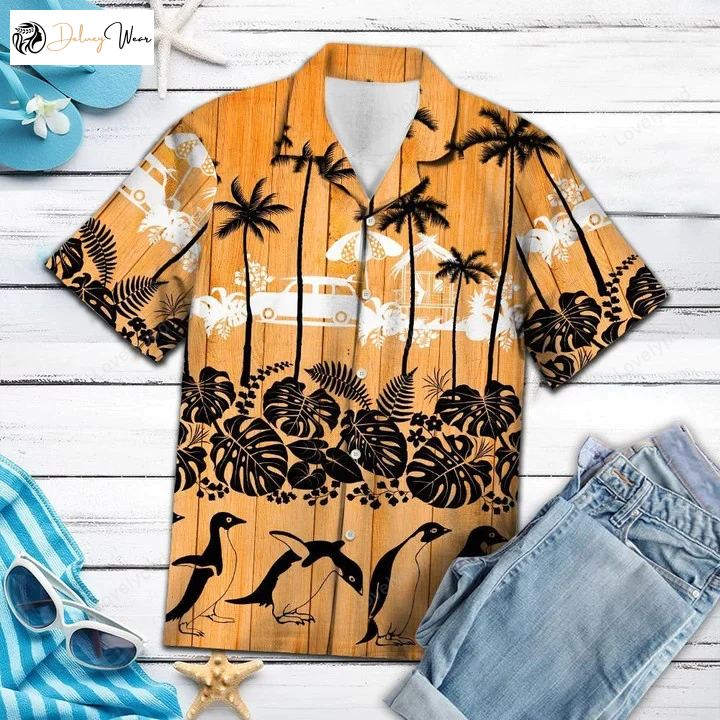 Happy Penguin Palm Tree Hawaiian Shirt: Perfect Summer Vacation Attire for a Tropical Getaway