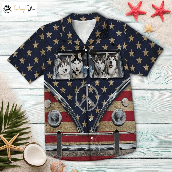 Siberian Husky Family Riding Flag Hippie Bus Hawaiian Shirt – Happy and Stylish Canine-Inspired Apparel
