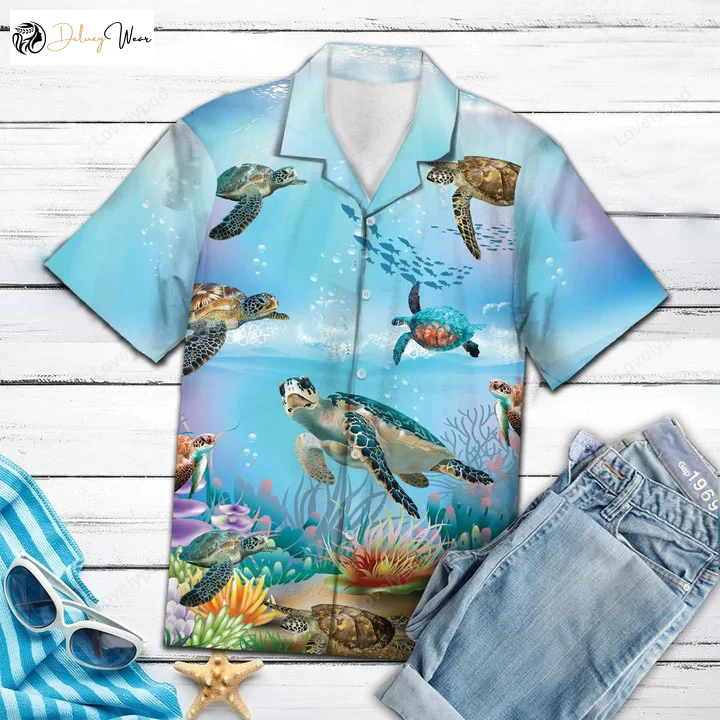 Hawaiian Shirt: Happy Turtle Undersea Life Theme – Dive into Style!