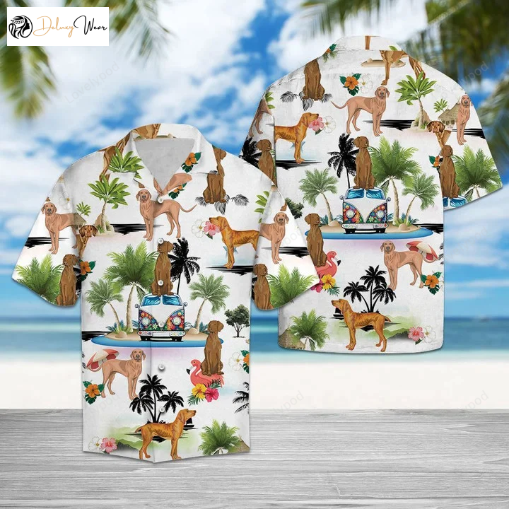Vacation Ready: Happy Vizsla Dog Group Hawaiian Shirt for Fun & Style