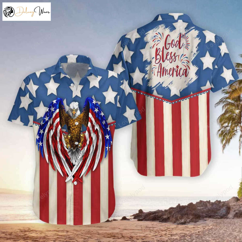 Hawaiian Aloha Shirts: God Bless America 4th of July Eagle Shirt for Men