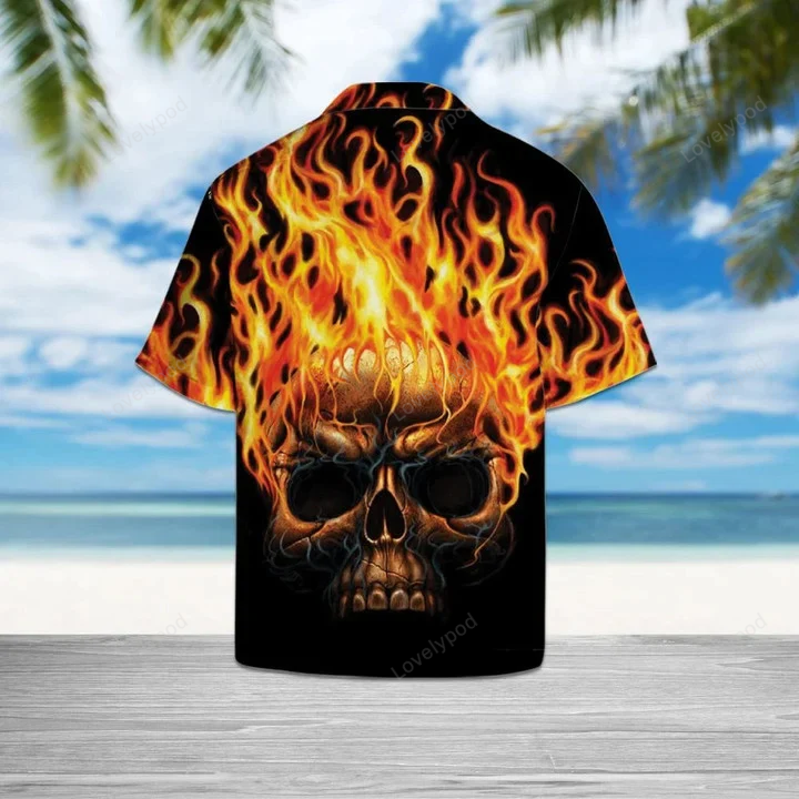 Flame Metal Skull Head Hawaiian Shirt for Men – Black Hawaii Shirt