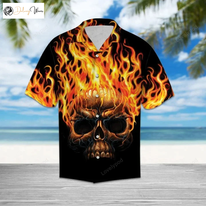 Flame Metal Skull Head Hawaiian Shirt for Men – Black Hawaii Shirt