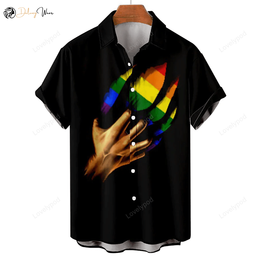 Hawaiian Shirt: Rainbow Graphic Prints with Turn-down Collar Black Red Rainbow Street Casual – Tropical Hawaiian Fashion
