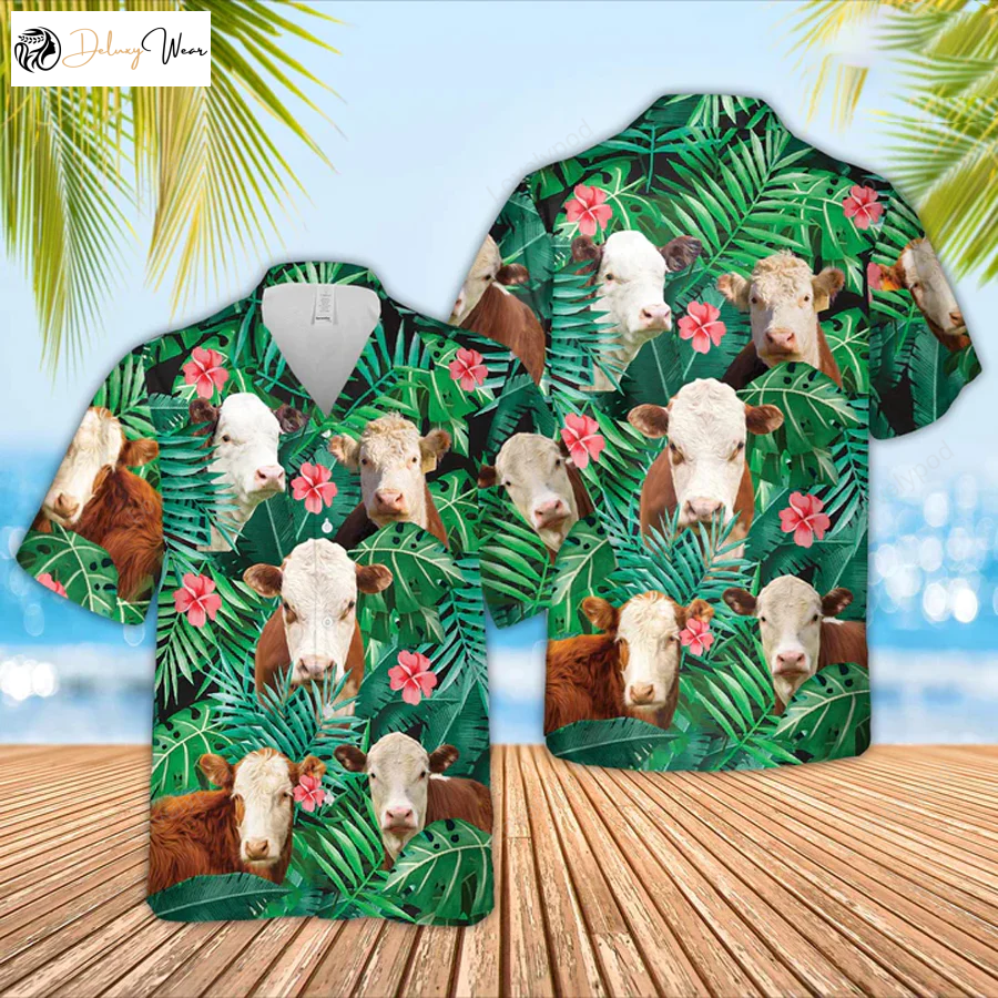 Hereford 2 Cow Hawaiian Shirt – Farmer & Funny Summer Tropical Gift for Him