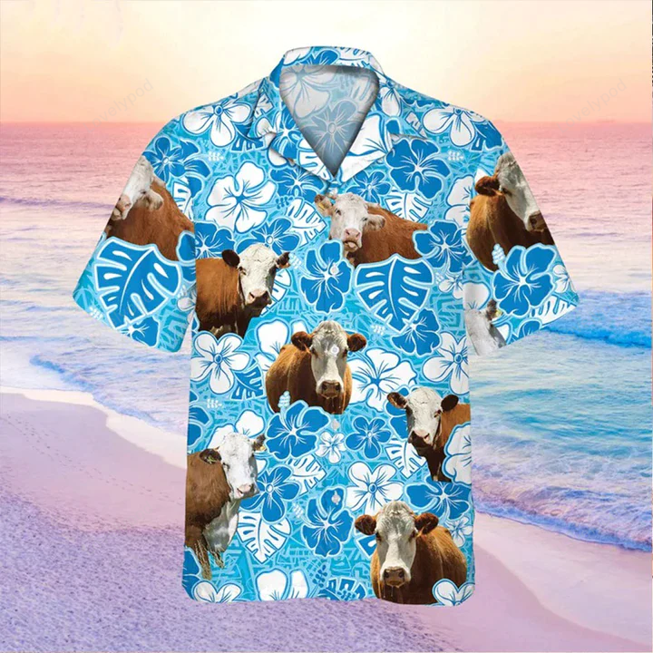 Hereford Blue Floral Hawaiian Shirt: Stylish Cow Lovers Shirt for Men