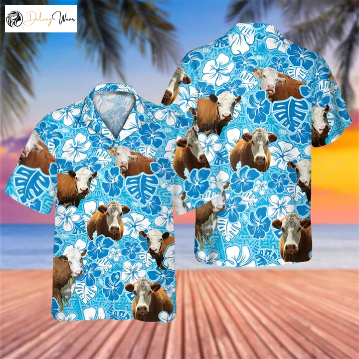 Hereford Blue Floral Hawaiian Shirt: Stylish Cow Lovers Shirt for Men