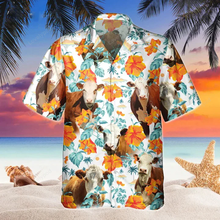 Hereford Bright Hibiscus Flowers Hawaiian Shirt – Cow Hawaii Shirts for Men Flowers Aloha Shirt for Cow Lovers
