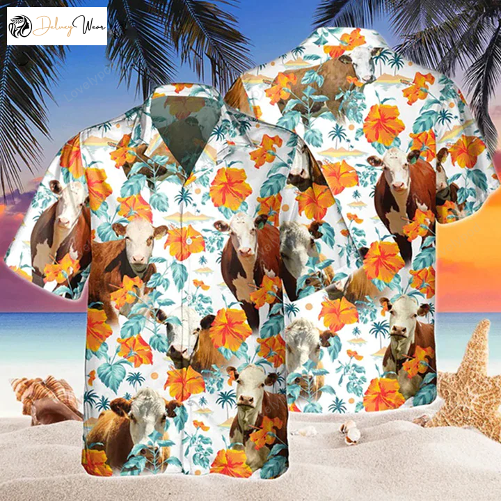 Hereford Bright Hibiscus Flowers Hawaiian Shirt – Cow Hawaii Shirts for Men Flowers Aloha Shirt for Cow Lovers