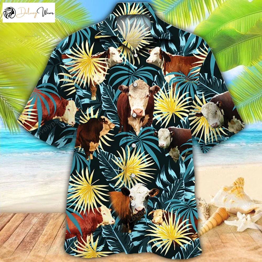 Stylish Hereford Cattle Lovers Hawaiian Shirt – Blue and Yellow Plants Design