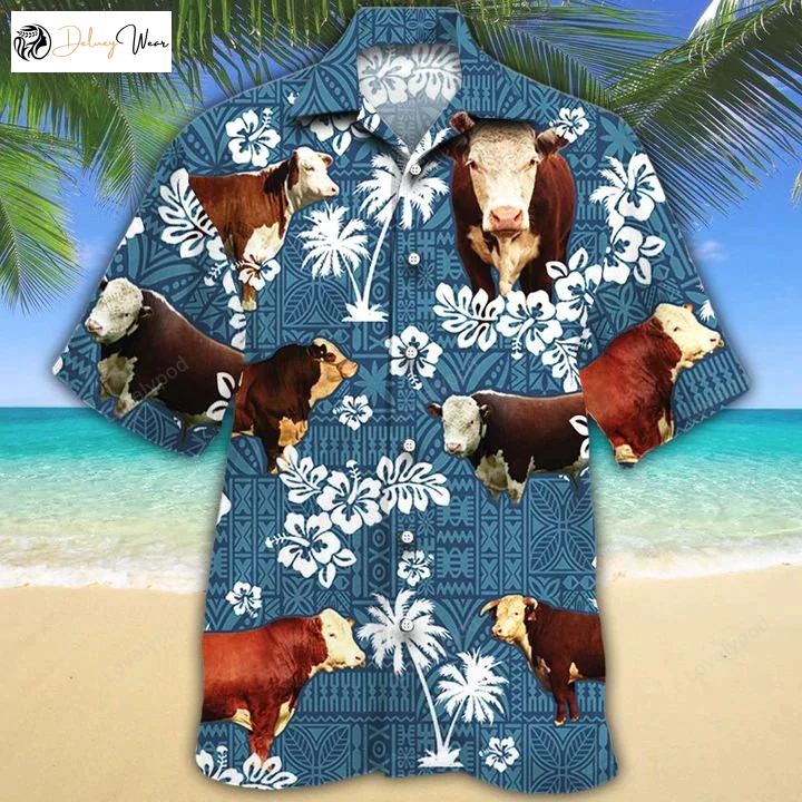 Stylish Hereford Cattle Lovers Blue Tribal Hawaiian Shirt for Men & Women