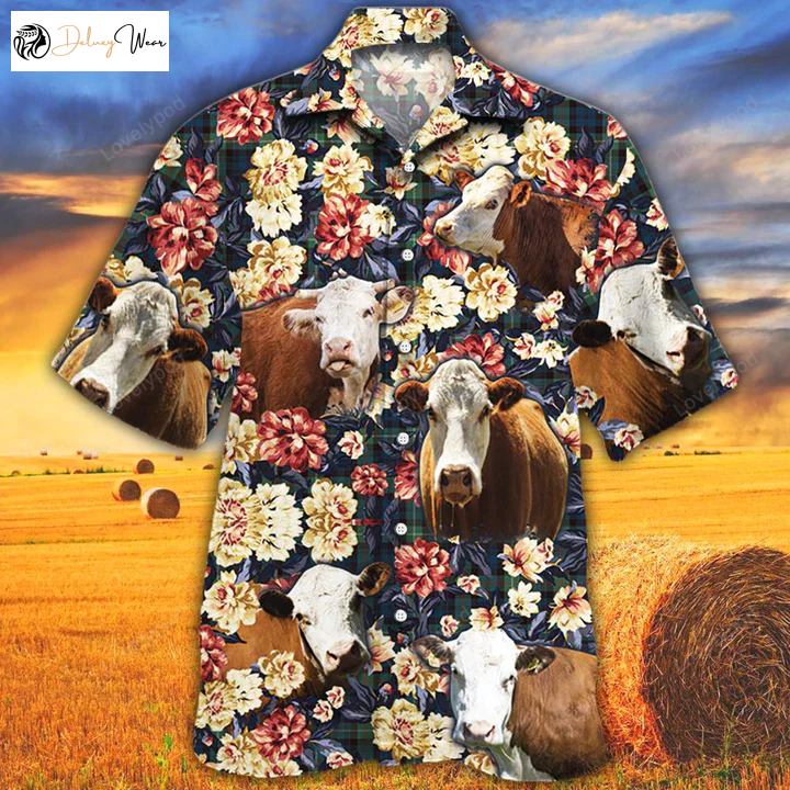 Stylish Hereford Cattle Lovers Green Plaid Hawaiian Shirt for Men: Button Down Short Sleeve Animal Print